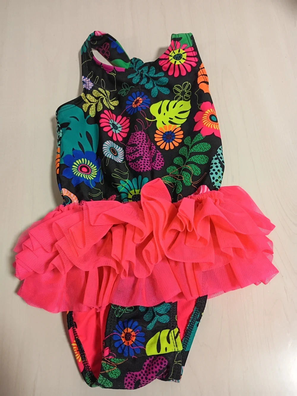 Cat & Jack Neon Floral Tutu One-Piece Swimsuit - Black & Hot Pink Size 2T